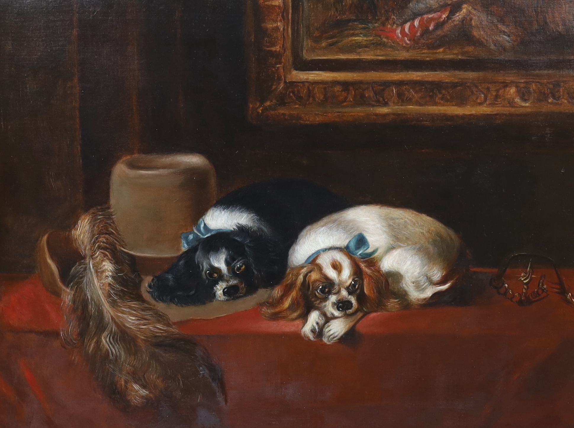 After Sir Edwin Henry Landseer, R.A. (1802-1873), oil on canvas, King Charles Spaniels (‘The Cavalier’s Pets’), 70 x 90cm